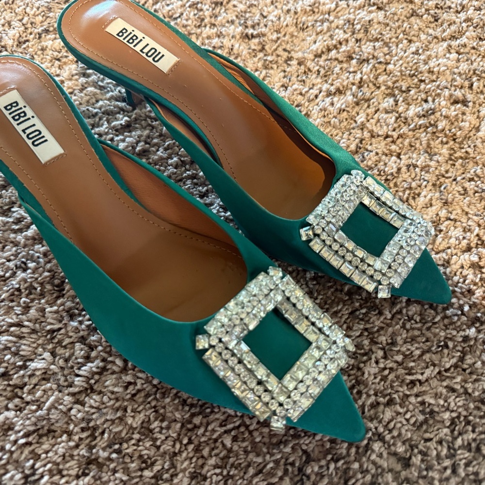 Bibi Lou Green Satin Kitten Heels